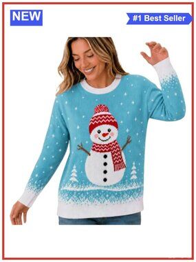 Women's Ugly Christmas Sweater Snowman Knit Pullover Crew Neck